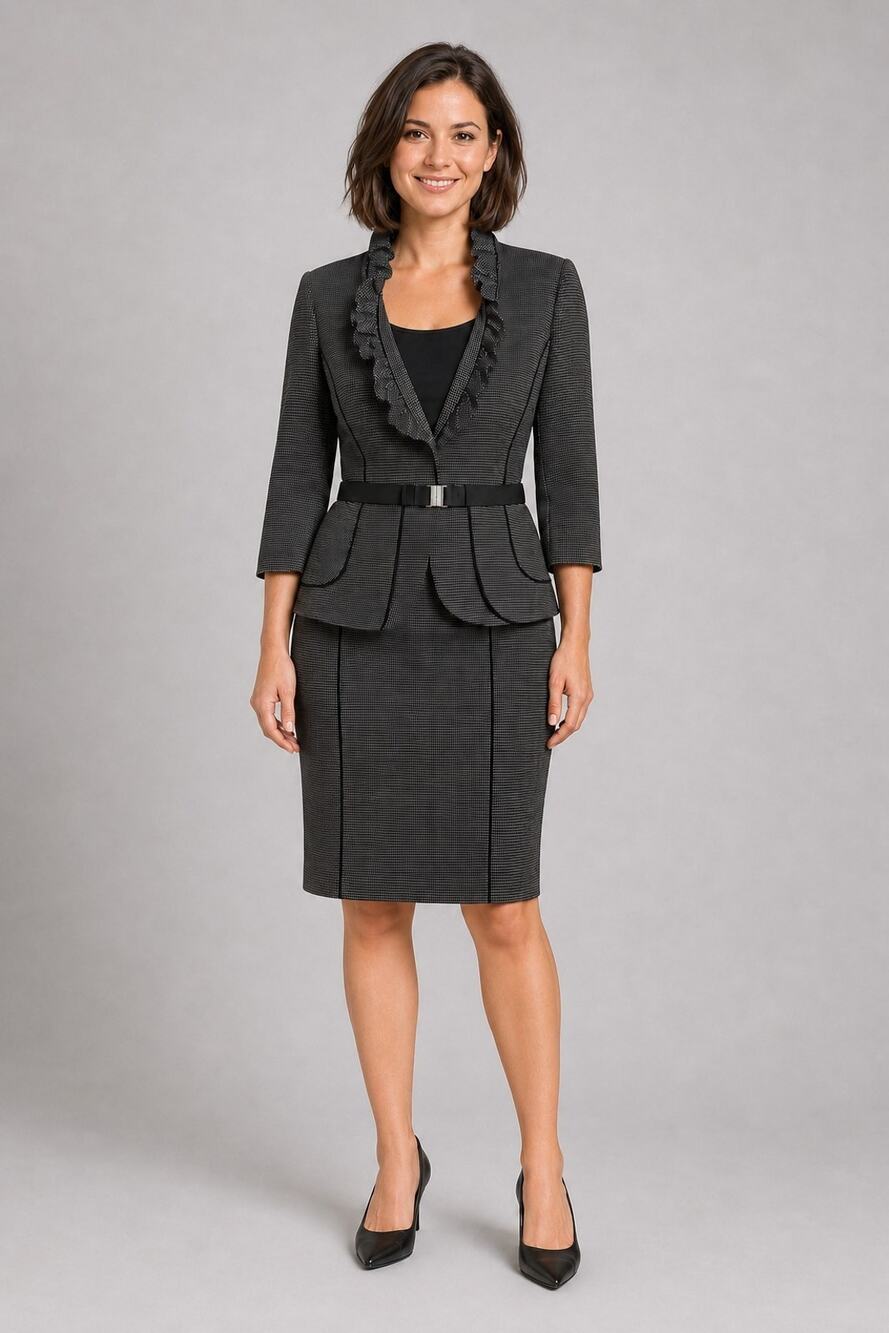 WHBM Microdot Skirt Suit Women’s 10 Ruffle Belted Blazer Pencil Skirt Flounce - Picture 1 of 13
